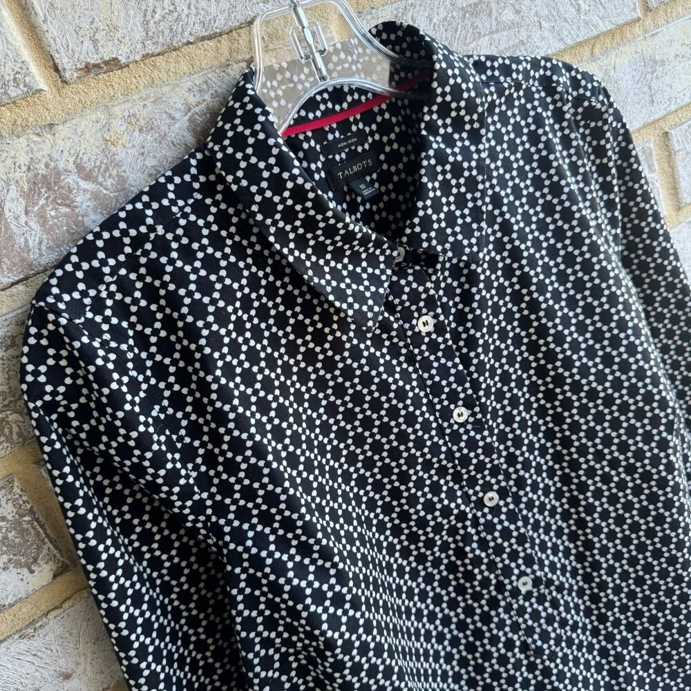 Talbots Long Sleeve Collared Half Button Black/Wh… - image 5